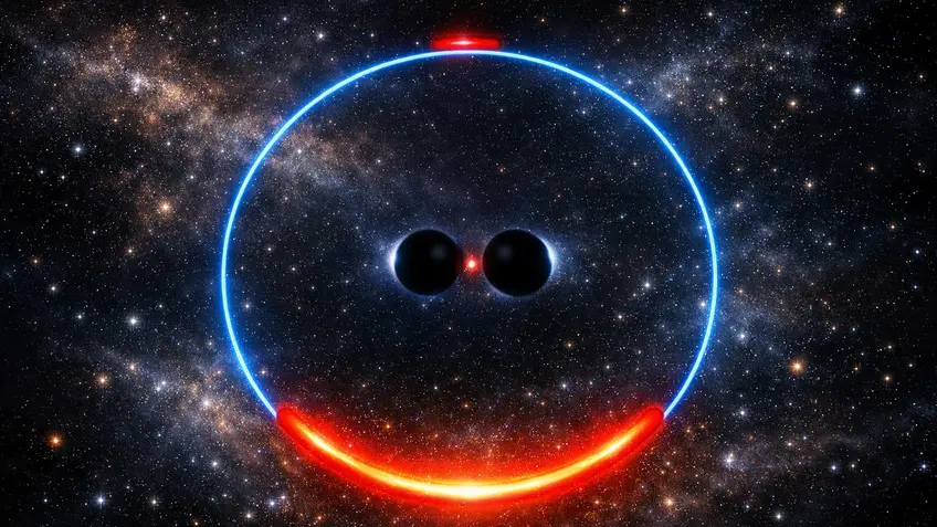 Gravitationally lensed starlight (orange) by a supermassive black hole binary